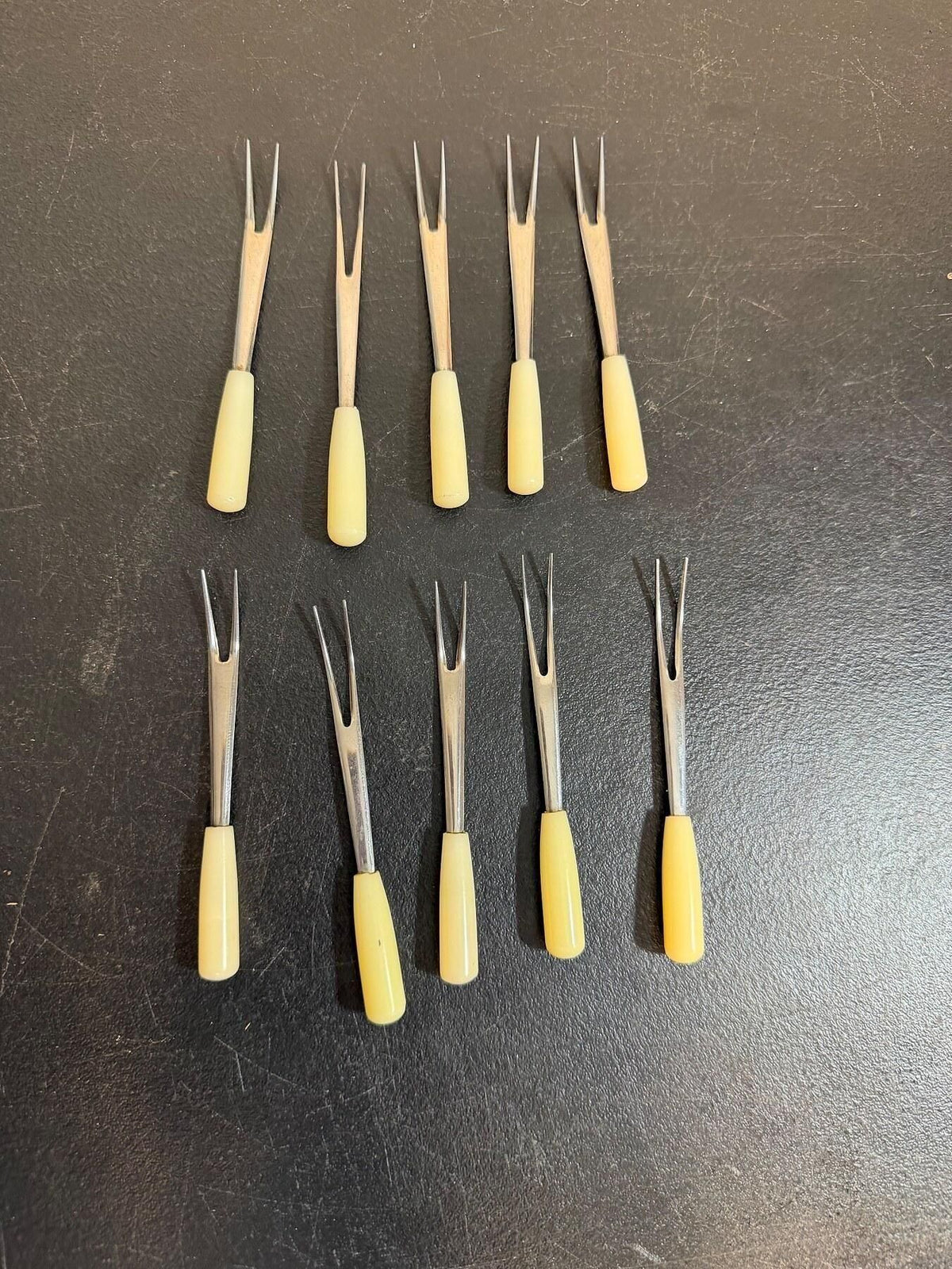 Vintage Stainless Japan Cocktail Forks Set of 10 Appetizer Picks Cream Handles - Wormhole Thrift