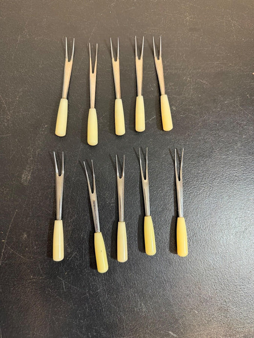 Vintage Stainless Japan Cocktail Forks Set of 10 Appetizer Picks Cream Handles - Wormhole Thrift