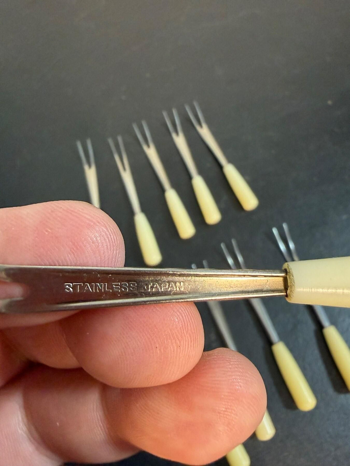 Vintage Stainless Japan Cocktail Forks Set of 10 Appetizer Picks Cream Handles - Wormhole Thrift