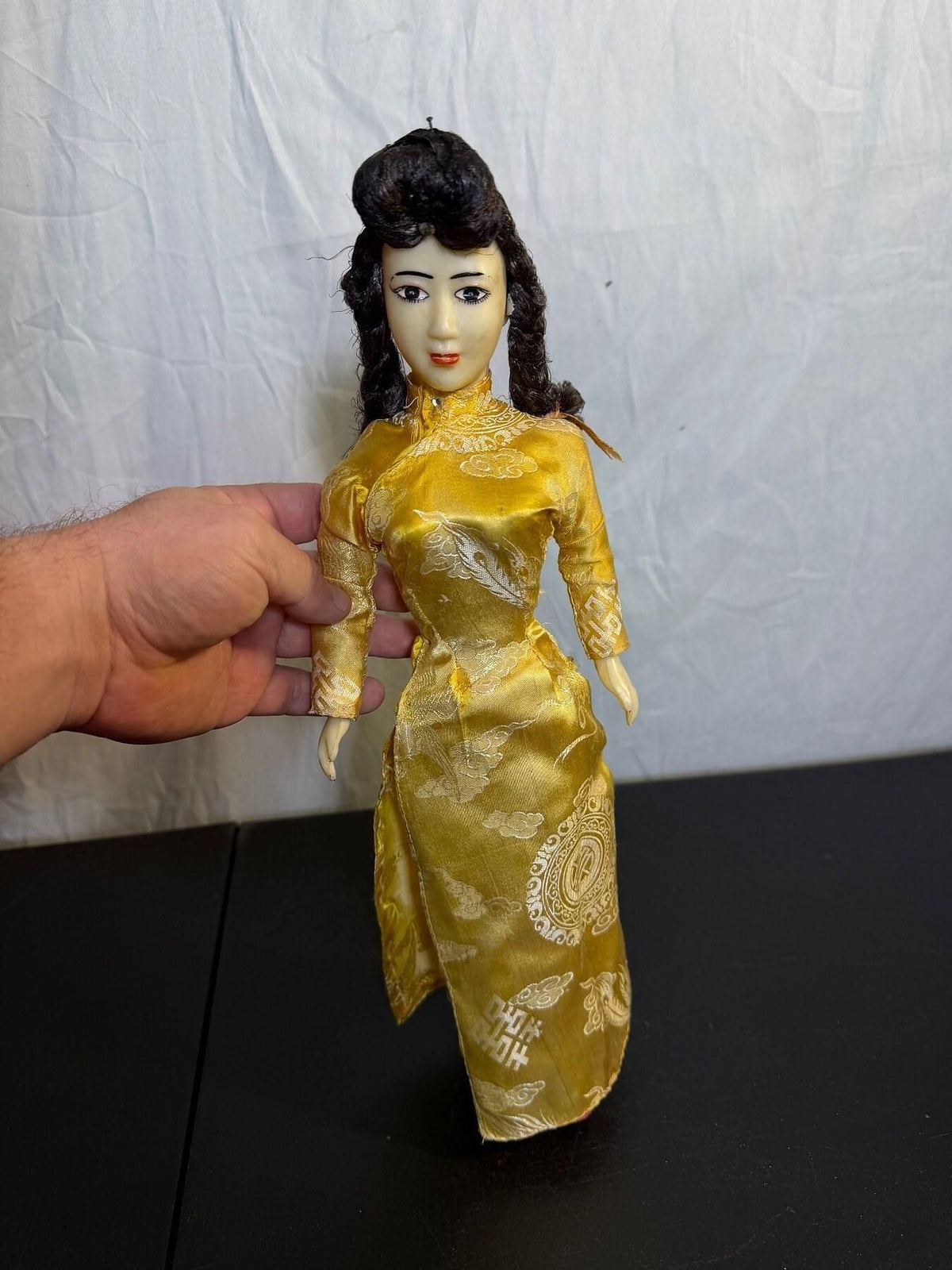 Vintage Vietnamese Ao Dai Doll - Traditional Gold Dress - 14 Inch - Wormhole Thrift
