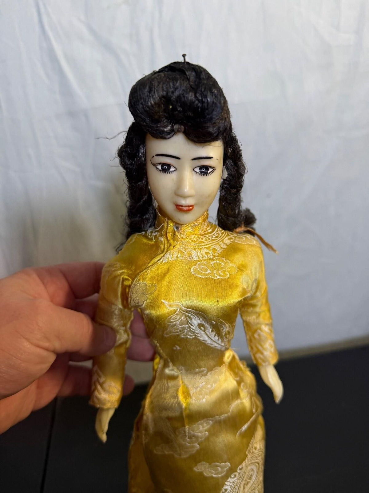Vintage Vietnamese Ao Dai Doll - Traditional Gold Dress - 14 Inch - Wormhole Thrift