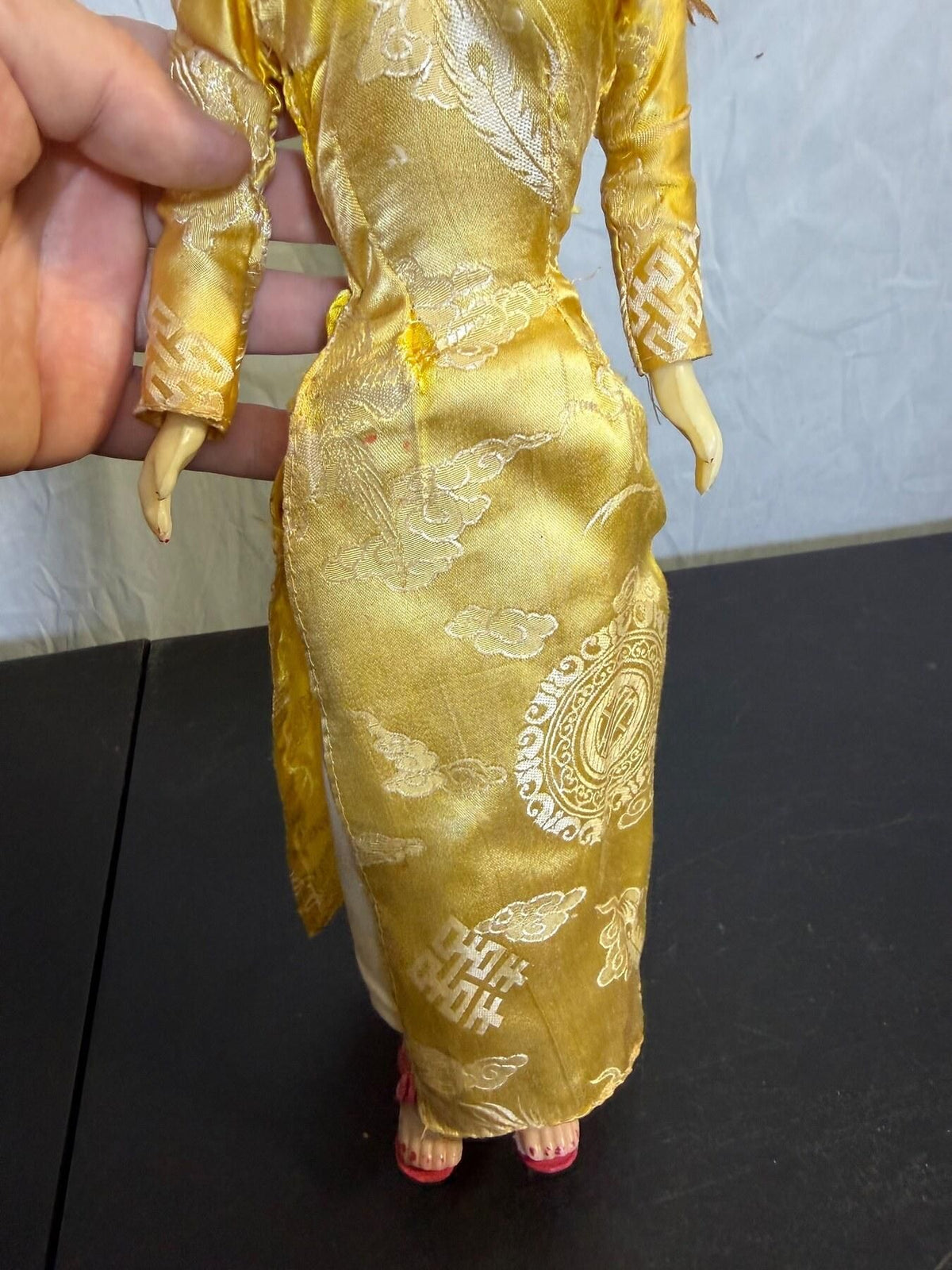 Vintage Vietnamese Ao Dai Doll - Traditional Gold Dress - 14 Inch - Wormhole Thrift