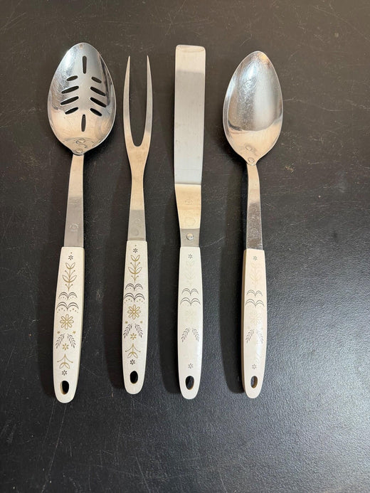 Vintage Flint Stainless Floral Serving Utensil Set 4pc Spoons Fork Spatula - Wormhole Thrift