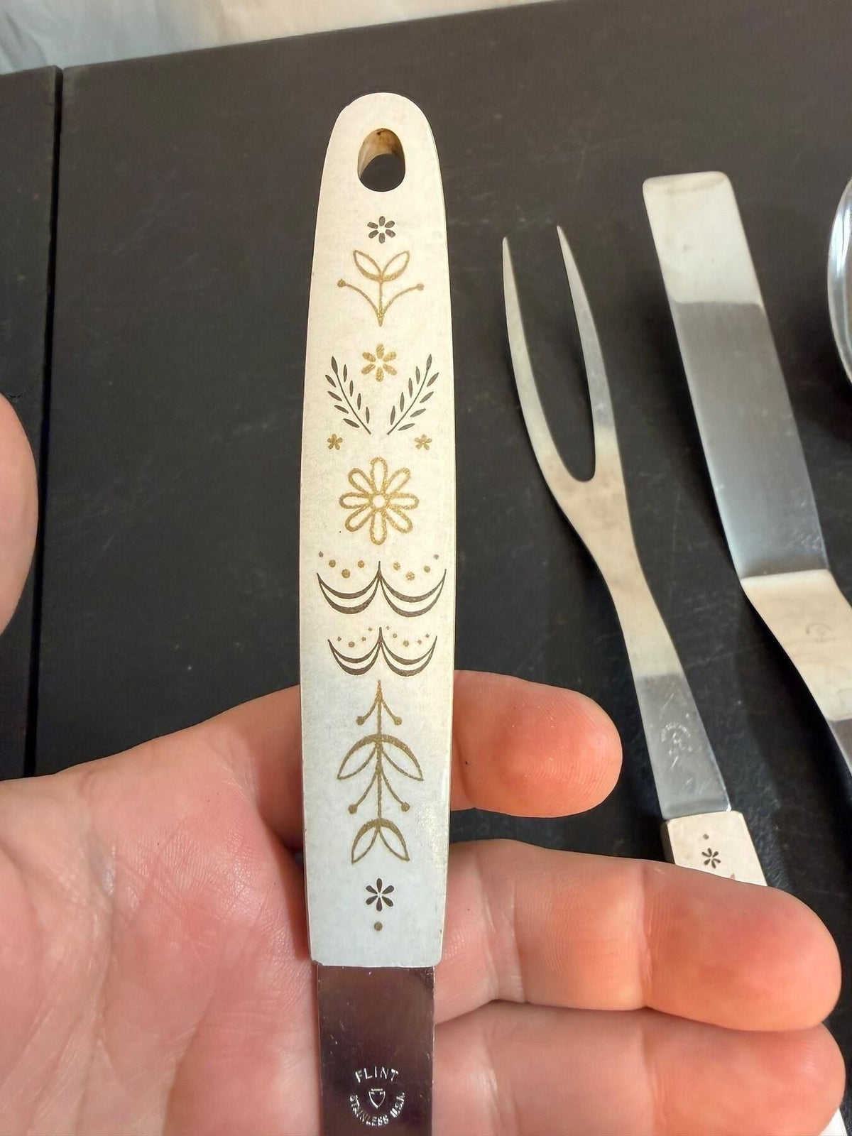Vintage Flint Stainless Floral Serving Utensil Set 4pc Spoons Fork Spatula - Wormhole Thrift