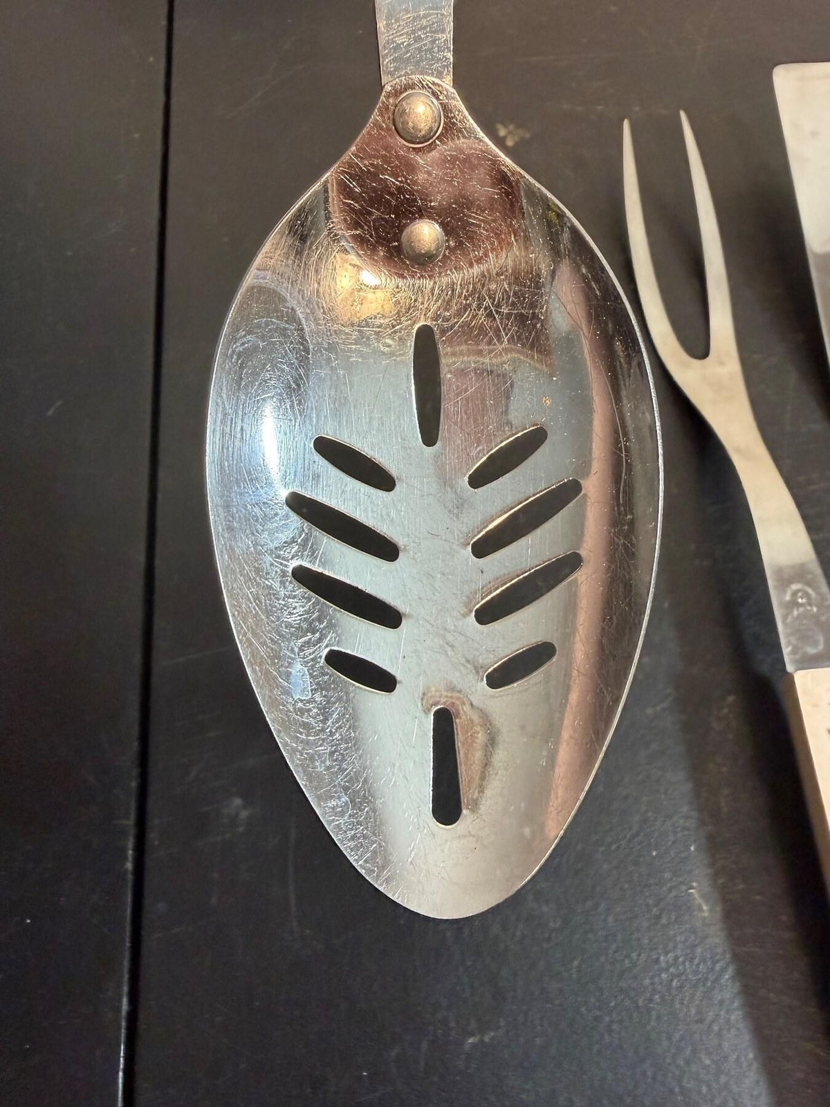 Vintage Flint Stainless Floral Serving Utensil Set 4pc Spoons Fork Spatula - Wormhole Thrift