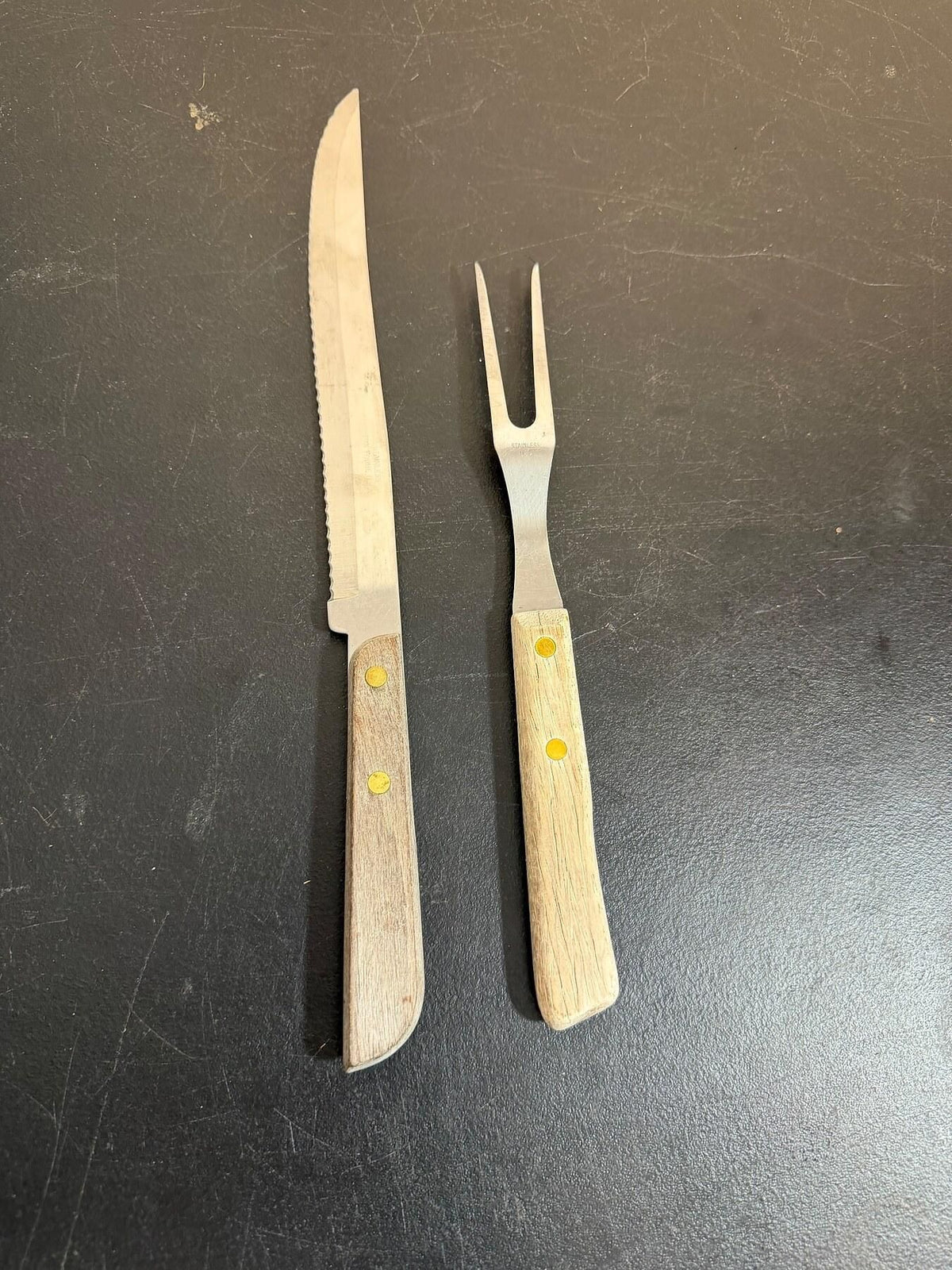 Vintage Washington Forge Kirilium Stainless Carving Knife & Fork Set - Wormhole Thrift