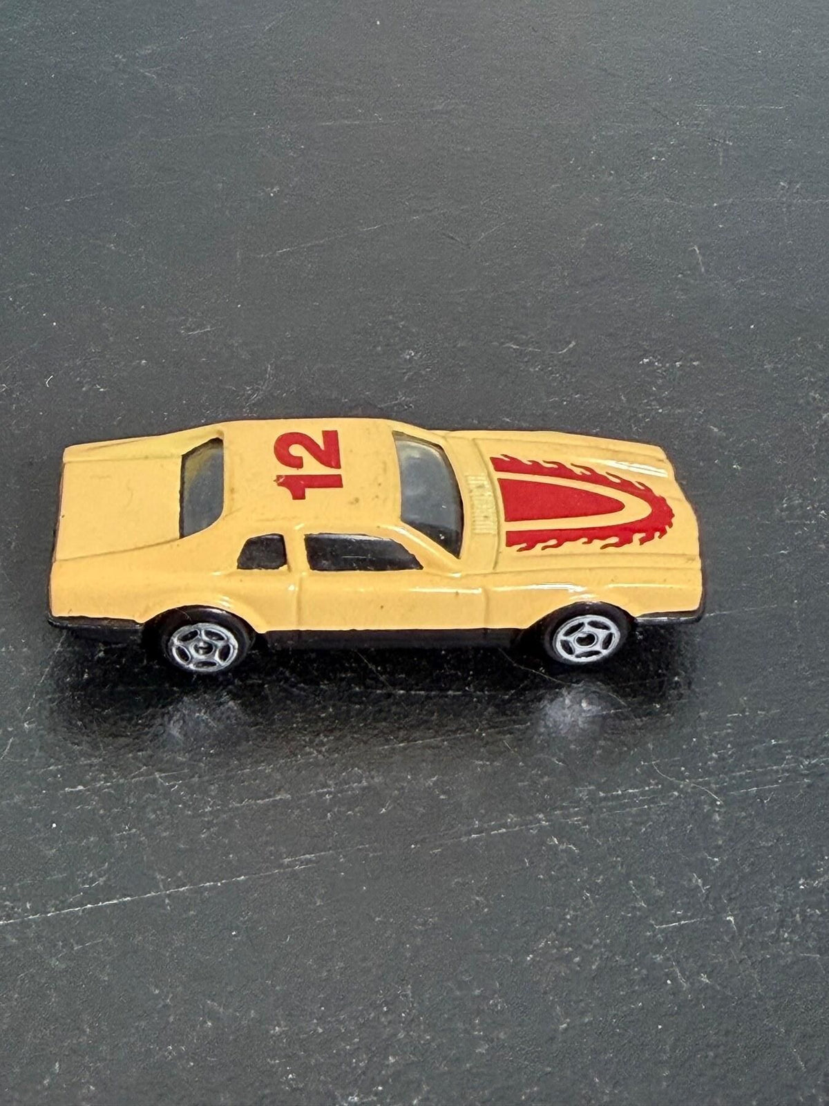 Yellow Race Car Toy #12 Red Flames Diecast Car Made in China - Wormhole Thrift
