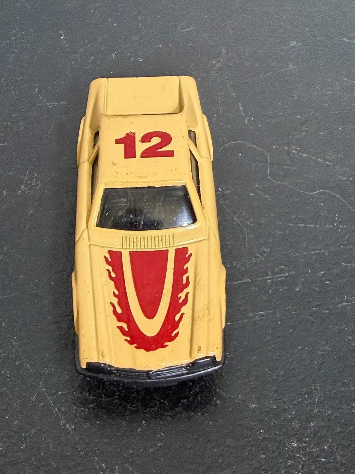 Yellow Race Car Toy #12 Red Flames Diecast Car Made in China - Wormhole Thrift