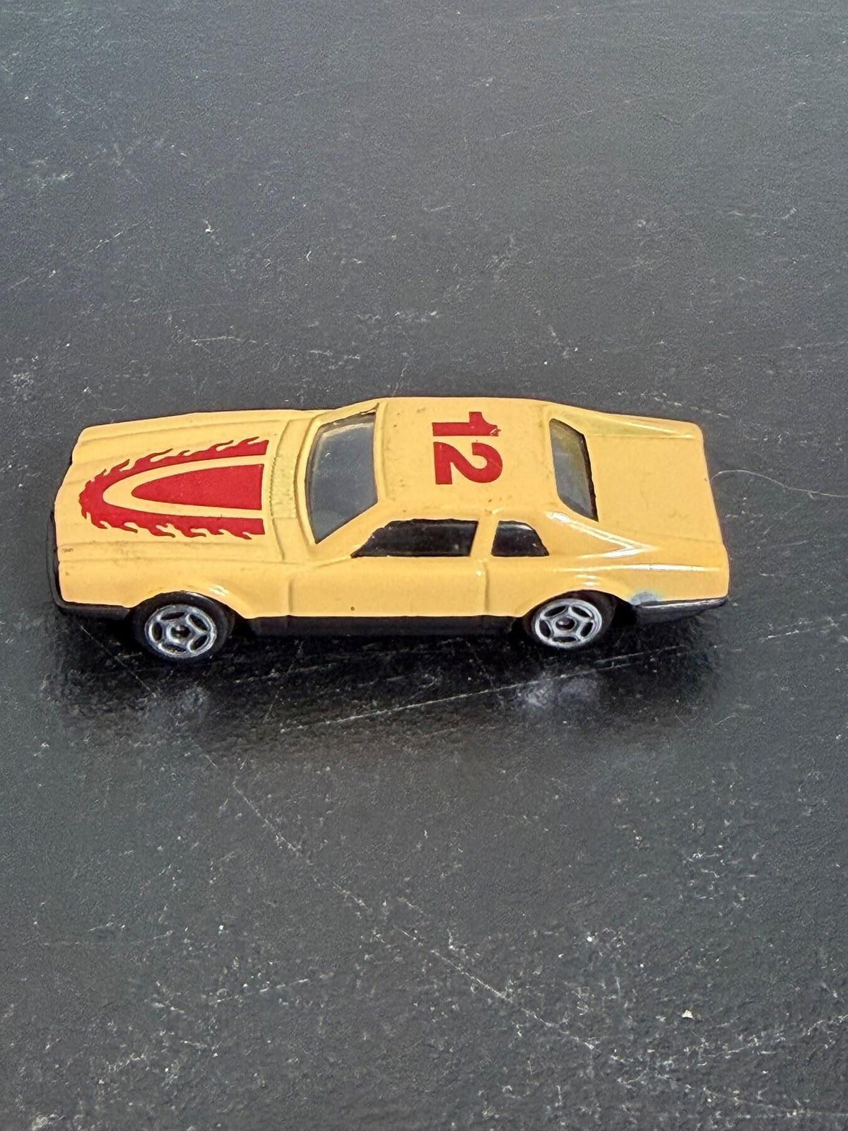 Yellow Race Car Toy #12 Red Flames Diecast Car Made in China - Wormhole Thrift