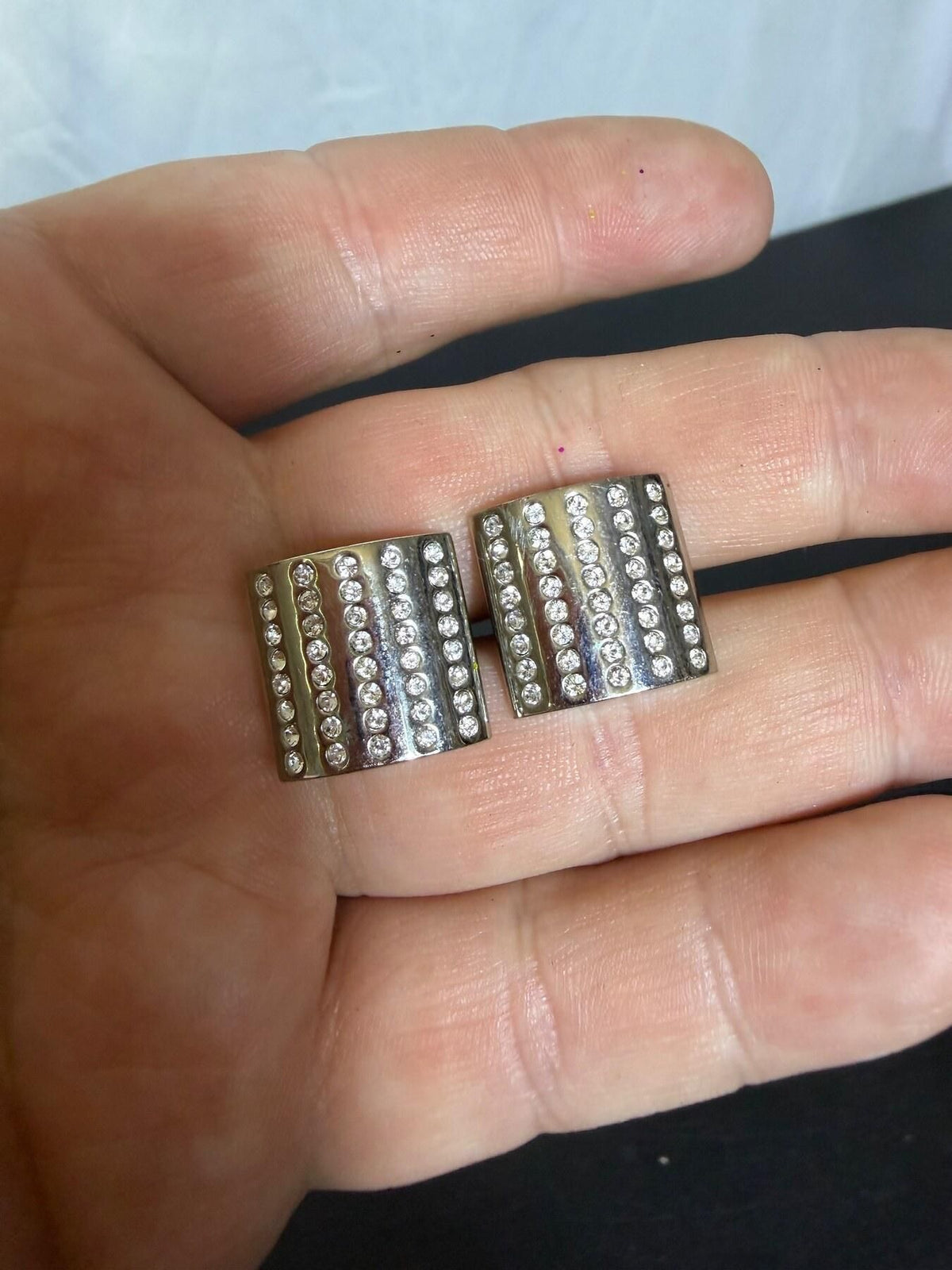 Men's Silver Tone Square Cufflinks with Clear Rhinestones - Wormhole Thrift