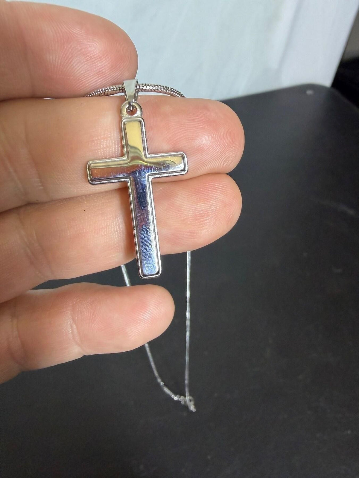 Silver Tone Cross Pendant Snake Chain Necklace 20 Inch - Wormhole Thrift