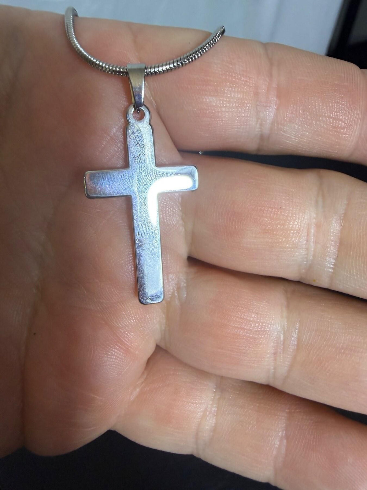 Silver Tone Cross Pendant Snake Chain Necklace 20 Inch - Wormhole Thrift