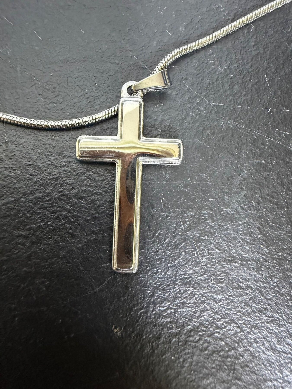 Silver Tone Cross Pendant Snake Chain Necklace 20 Inch - Wormhole Thrift
