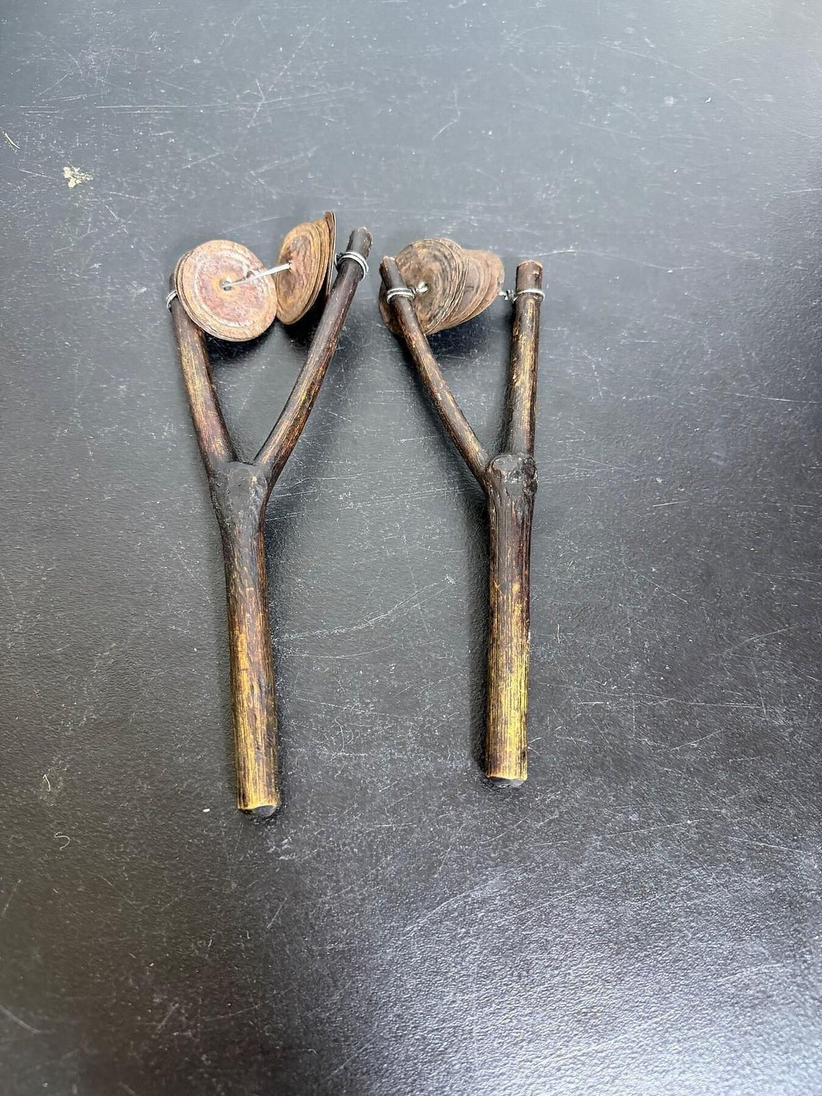 Vintage Handmade Wood & Metal Jingle Sticks Folk Percussion Instrument Pair - Wormhole Thrift