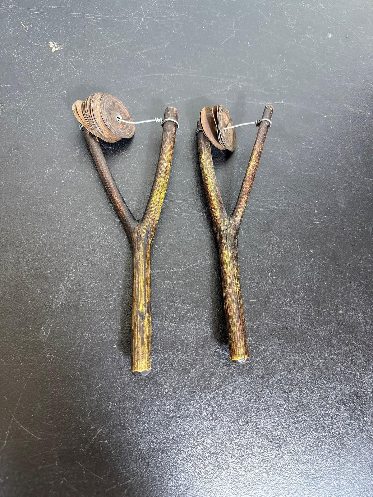 Vintage Handmade Wood & Metal Jingle Sticks Folk Percussion Instrument Pair - Wormhole Thrift