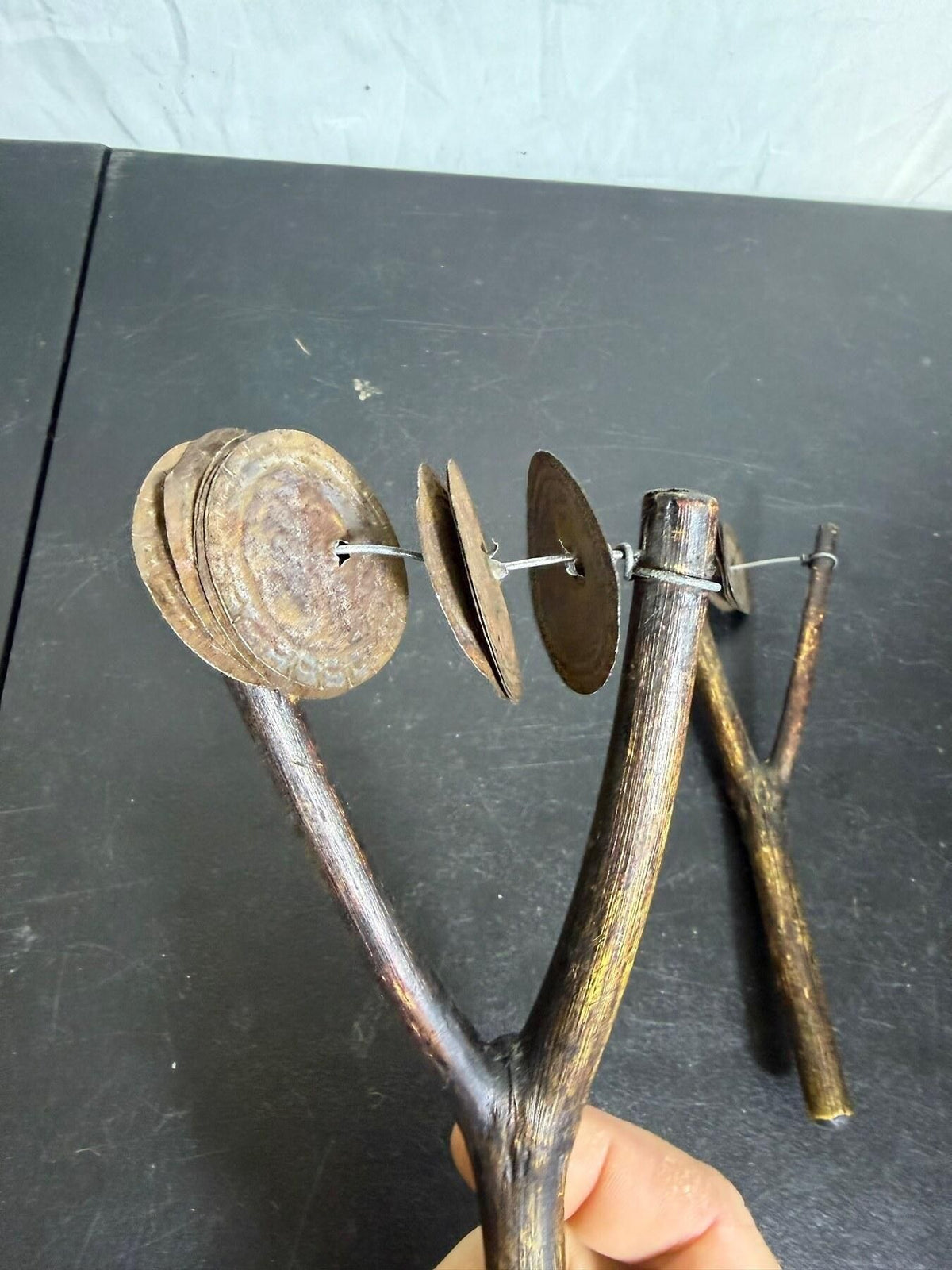 Vintage Handmade Wood & Metal Jingle Sticks Folk Percussion Instrument Pair - Wormhole Thrift