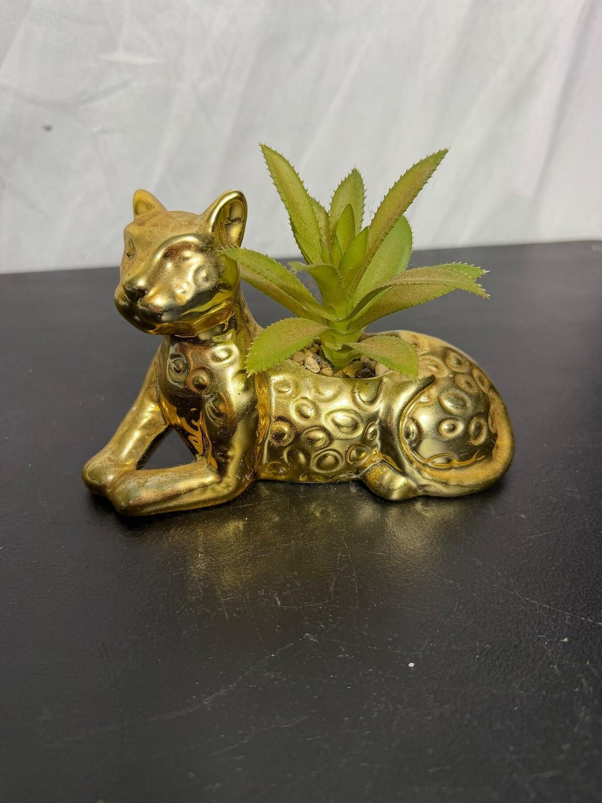 Gold Leopard Cat Ceramic Planter Figurine with Faux Succulent - Wormhole Thrift