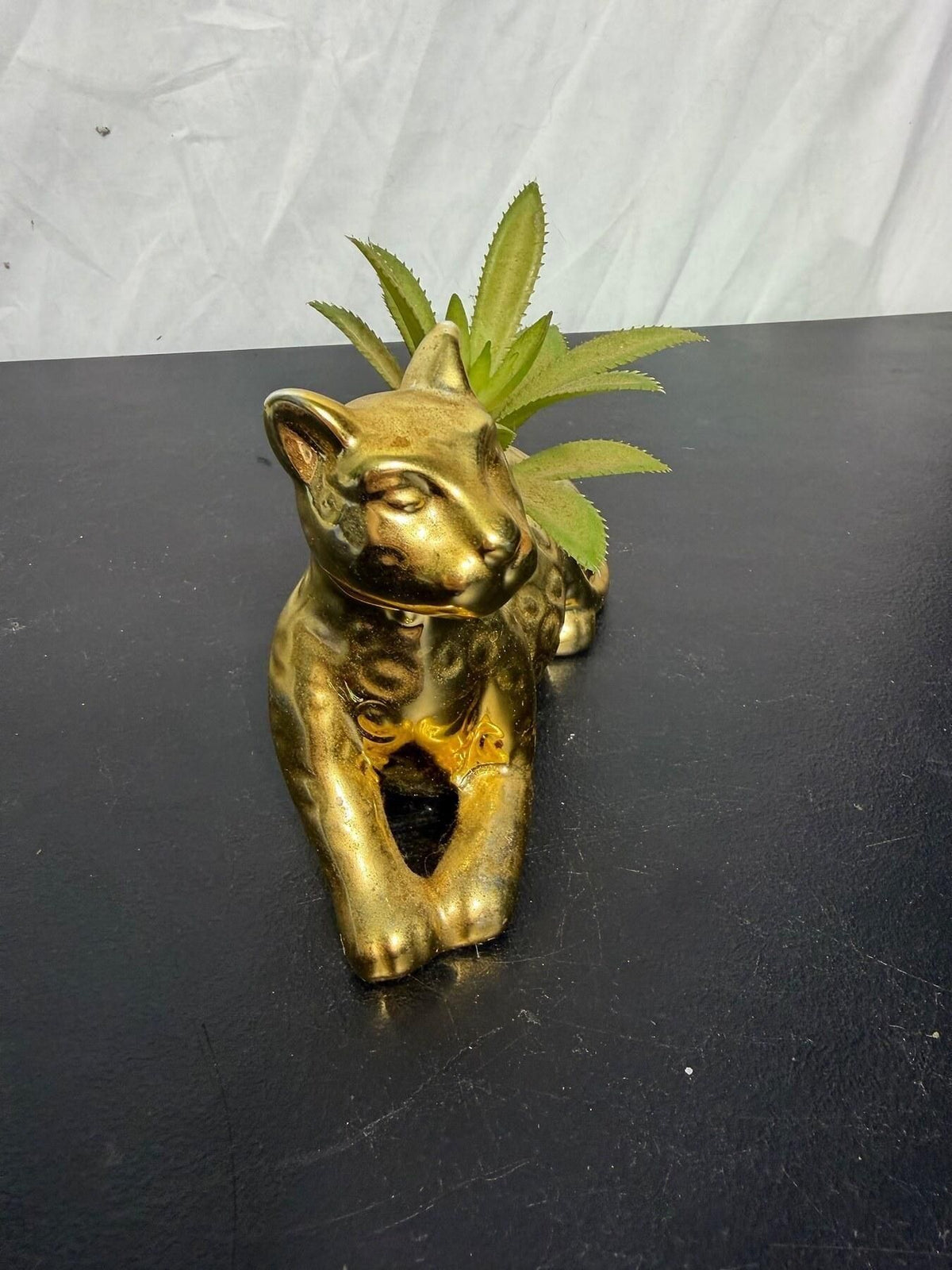Gold Leopard Cat Ceramic Planter Figurine with Faux Succulent - Wormhole Thrift