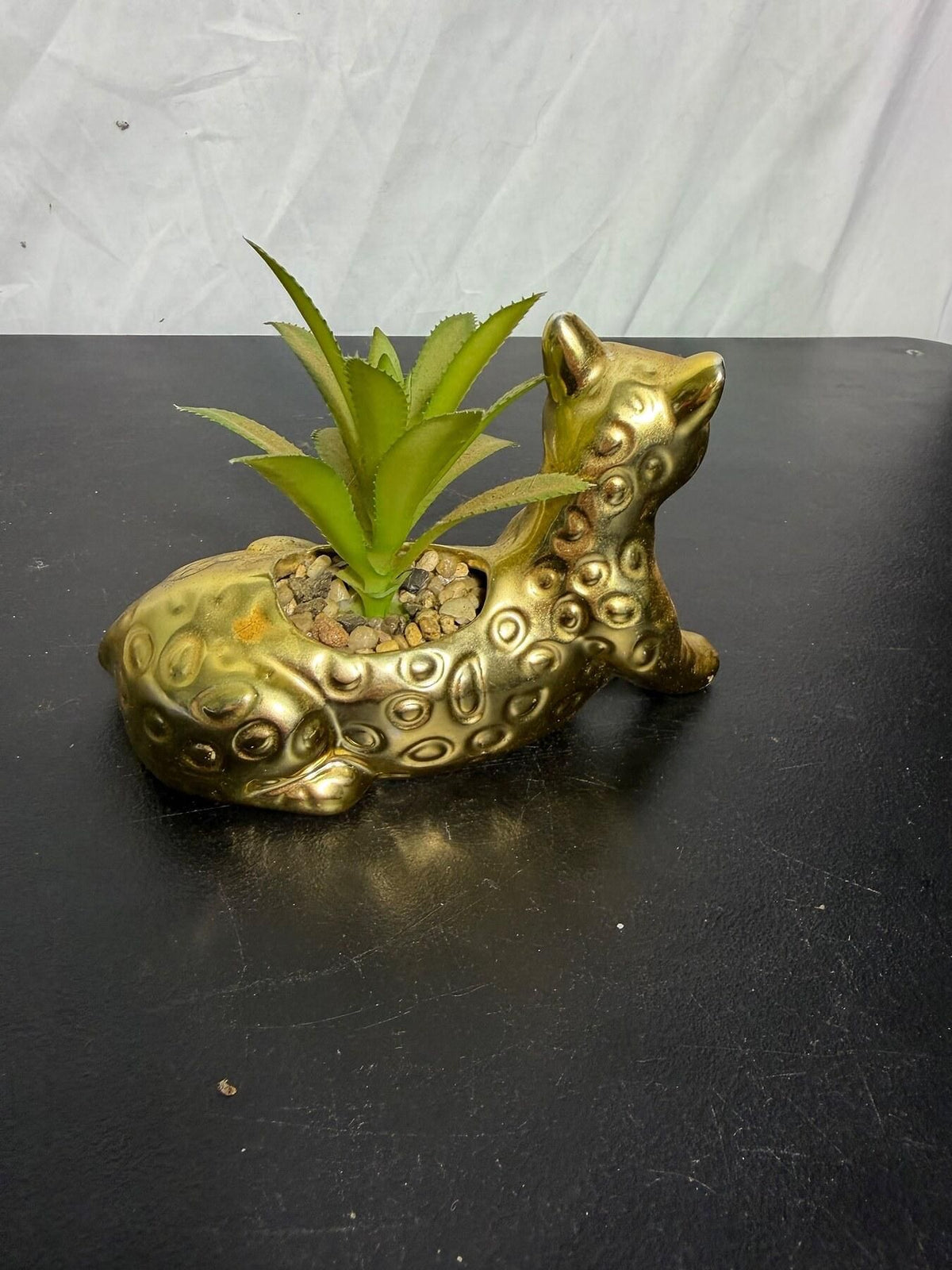 Gold Leopard Cat Ceramic Planter Figurine with Faux Succulent - Wormhole Thrift