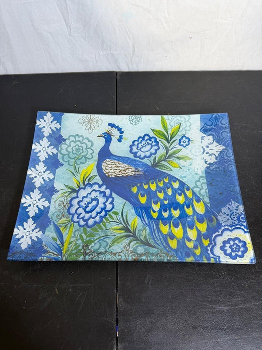 Prima Design Blue Peacock Glass Serving Tray Platter Dishwasher Safe - Wormhole Thrift