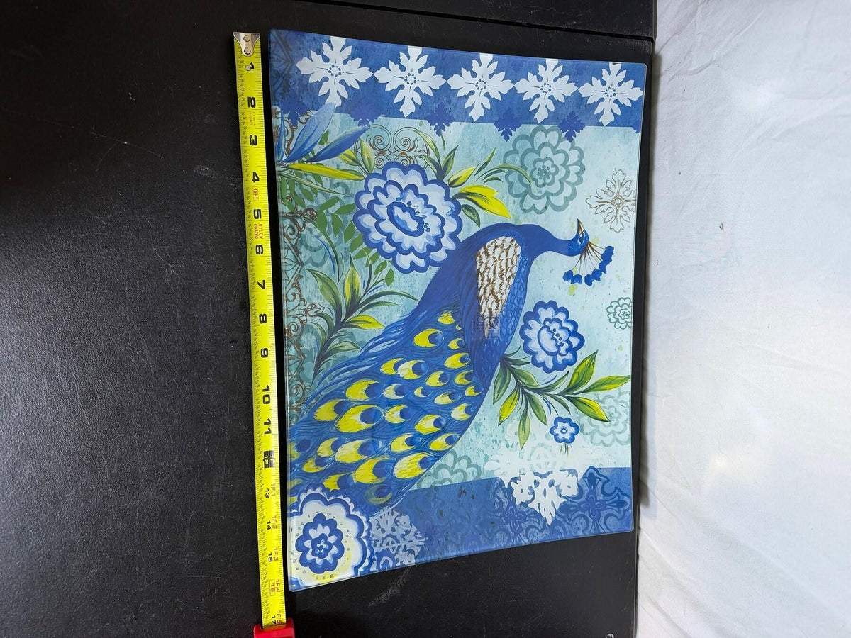 Prima Design Blue Peacock Glass Serving Tray Platter Dishwasher Safe - Wormhole Thrift