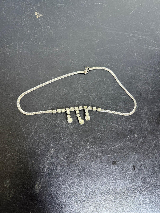 Vintage Silver Tone Rhinestone Dangle Choker Necklace 16" - Wormhole Thrift