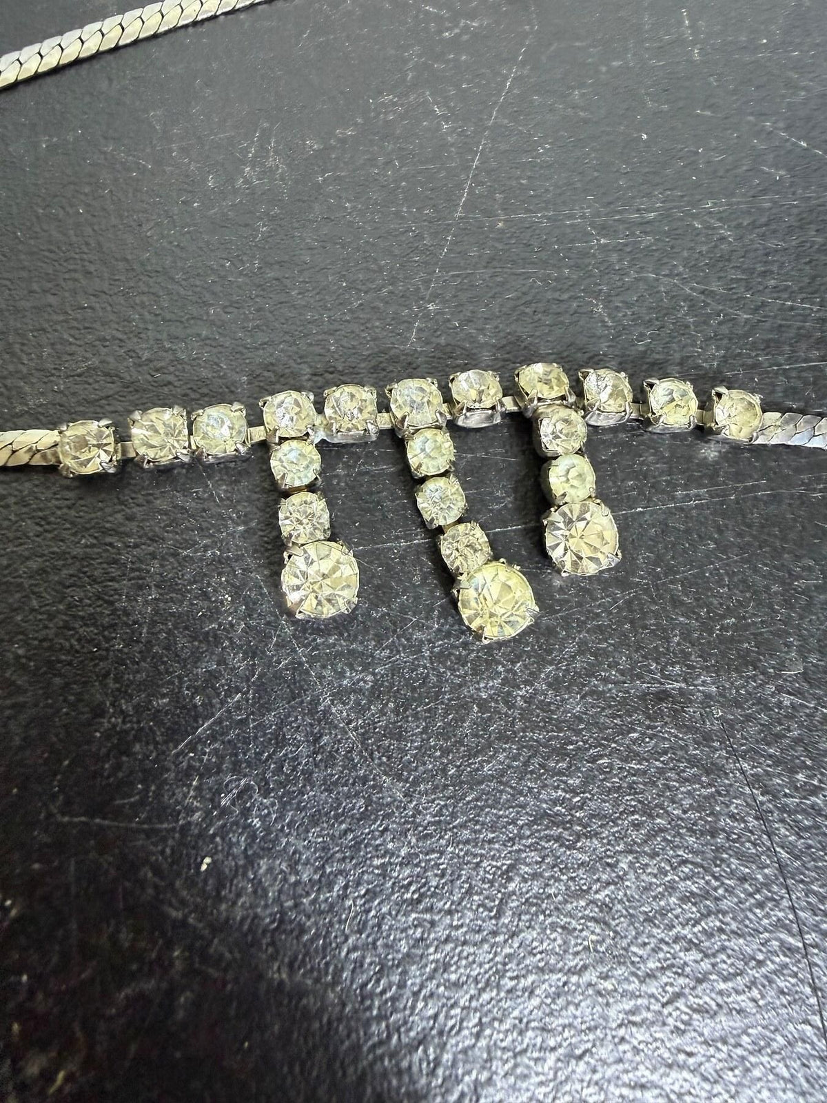 Vintage Silver Tone Rhinestone Dangle Choker Necklace 16" - Wormhole Thrift