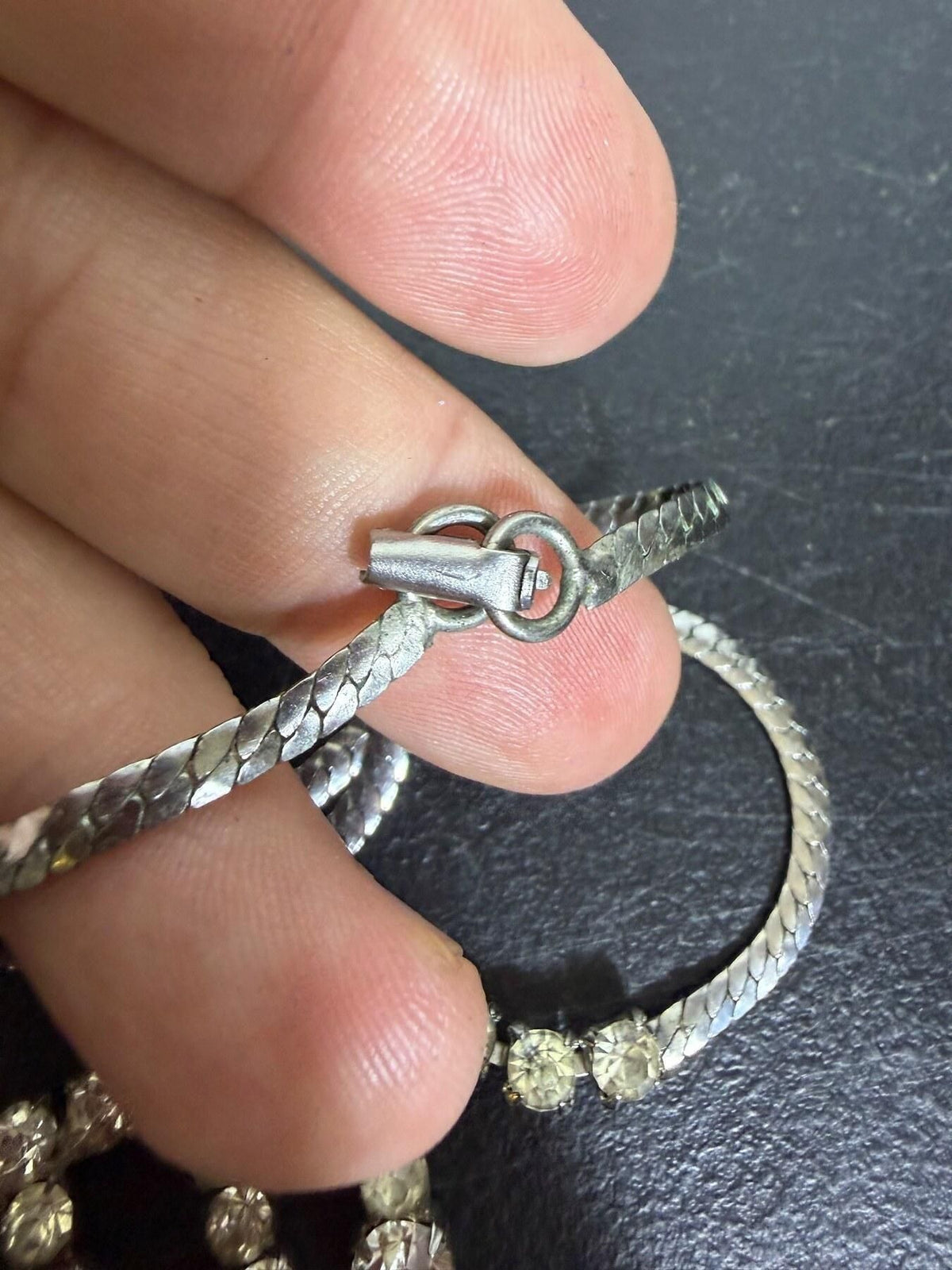 Vintage Silver Tone Rhinestone Dangle Choker Necklace 16" - Wormhole Thrift
