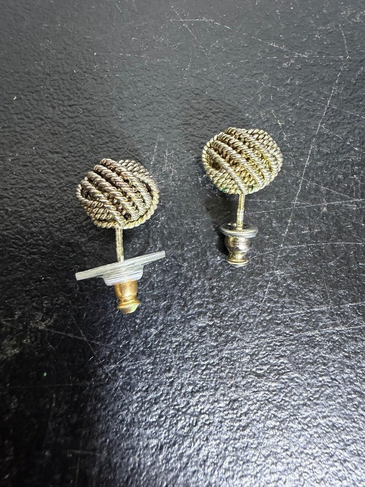 Vintage Silver Tone Coiled Rope Knot Stud Earrings - Mismatched Backs - Wormhole Thrift