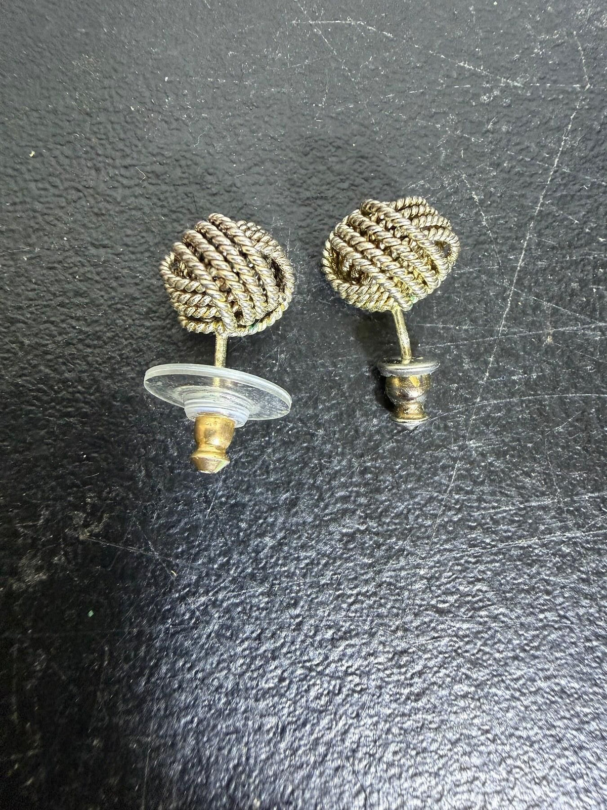 Vintage Silver Tone Coiled Rope Knot Stud Earrings - Mismatched Backs - Wormhole Thrift