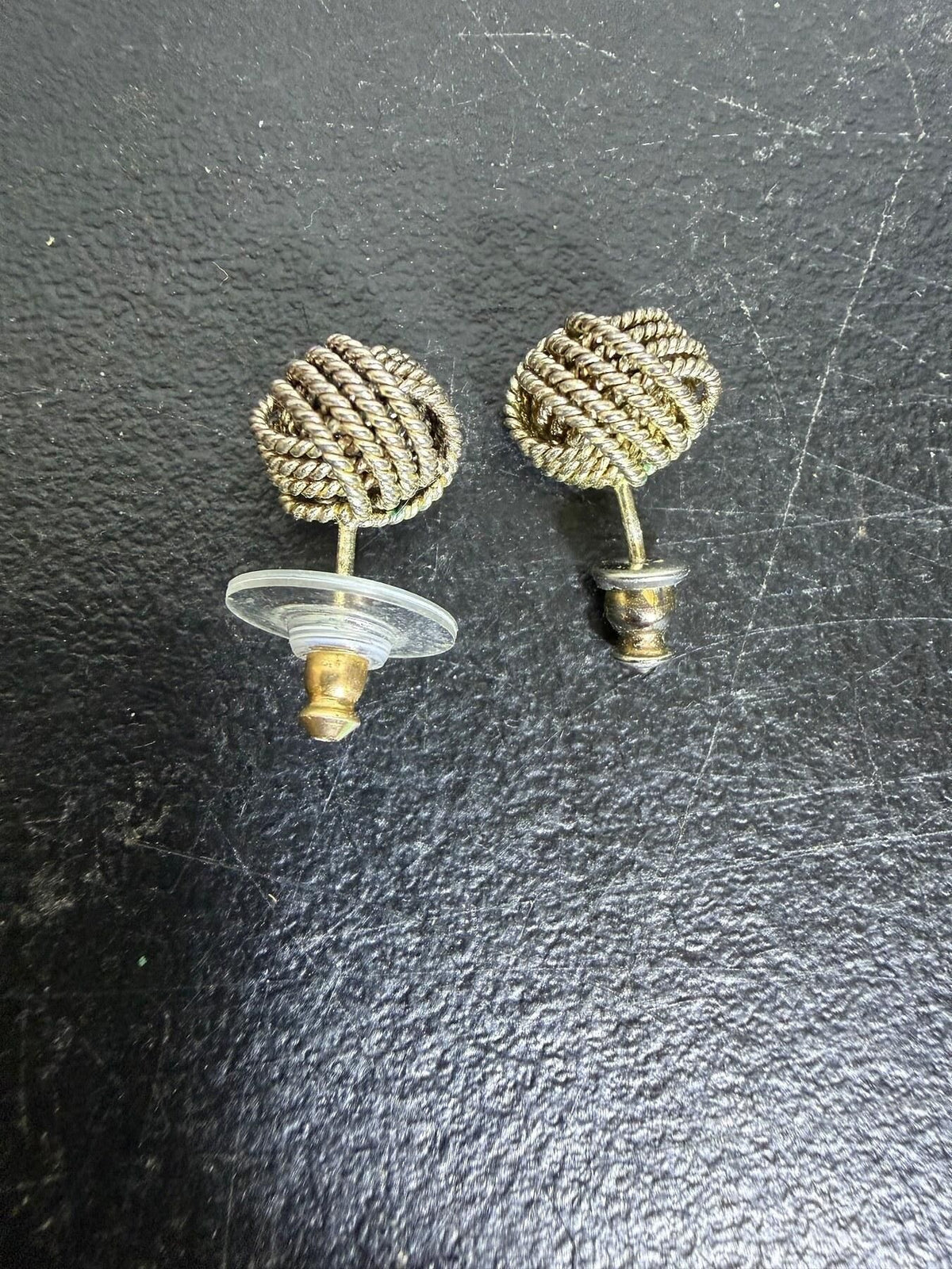 Vintage Silver Tone Coiled Rope Knot Stud Earrings - Mismatched Backs - Wormhole Thrift