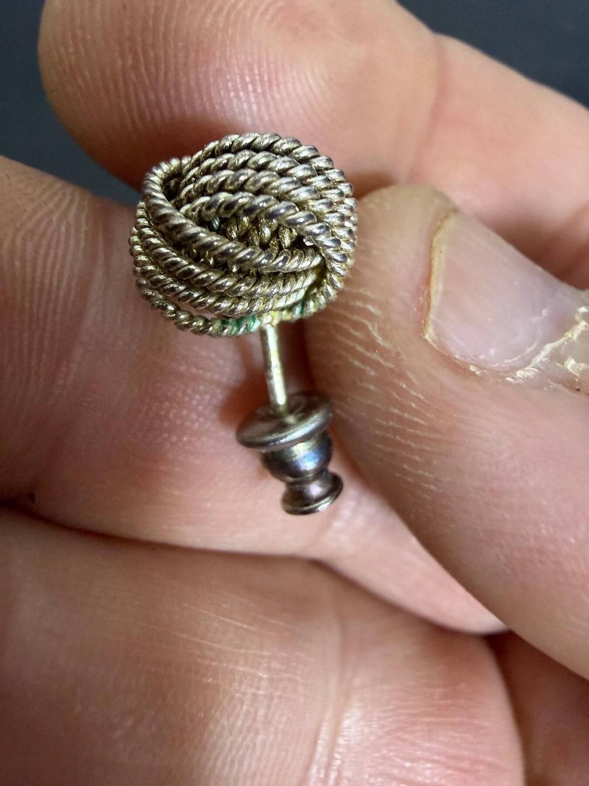 Vintage Silver Tone Coiled Rope Knot Stud Earrings - Mismatched Backs - Wormhole Thrift