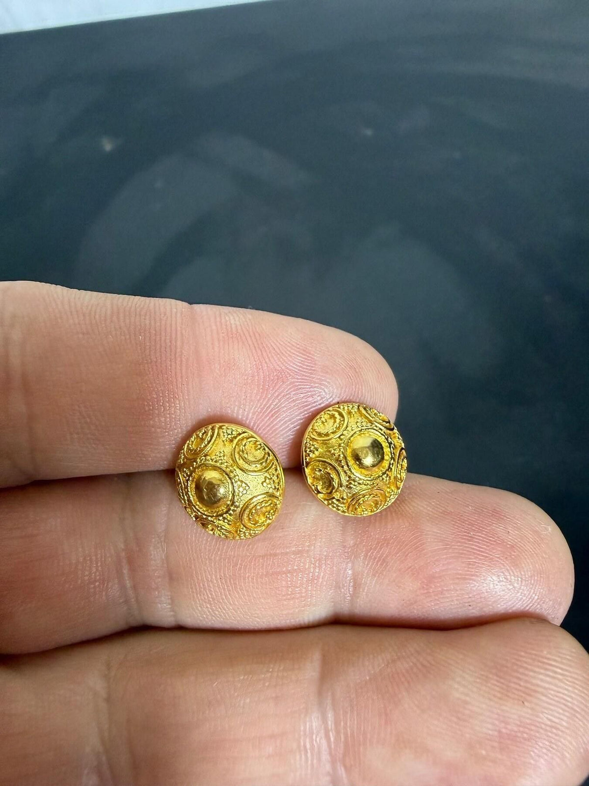 Vintage Gold Tone Ornate Textured Dome Stud Earrings - Wormhole Thrift