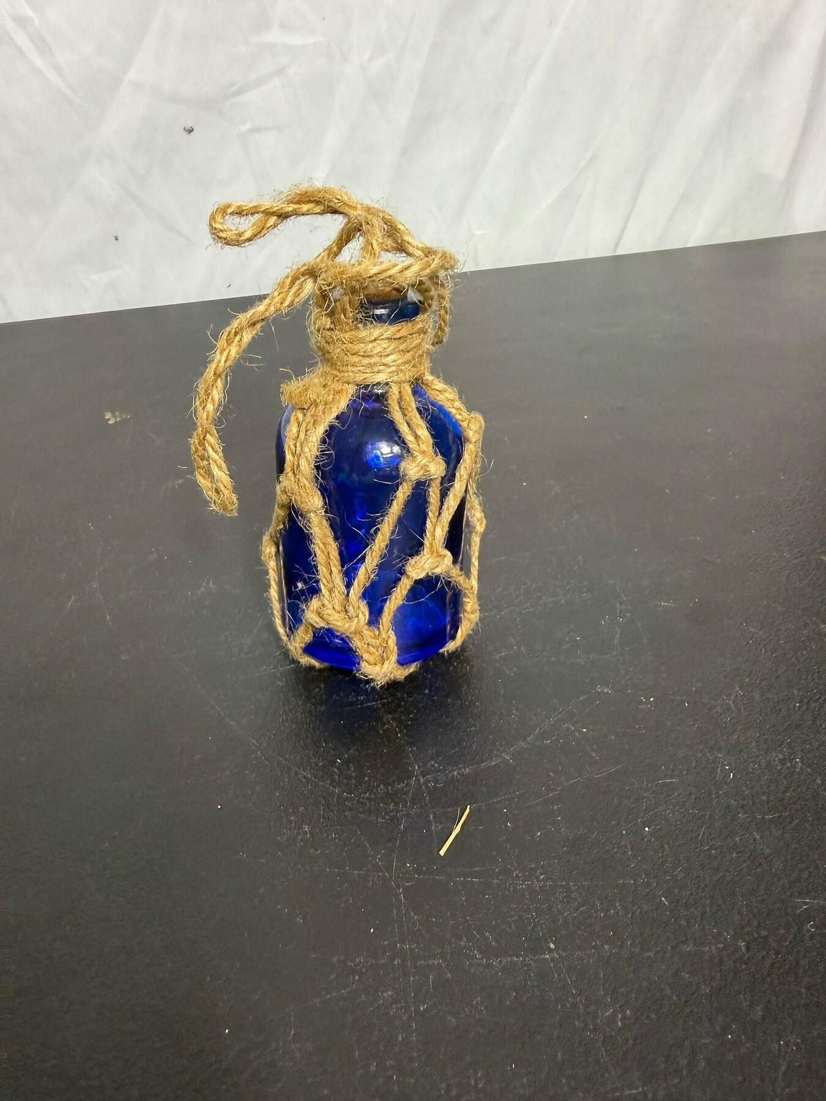 Cobalt Blue Glass Bottle with Jute Rope Netting & Cork Stopper - Wormhole Thrift