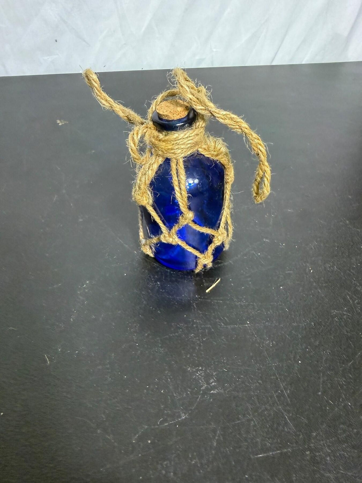Cobalt Blue Glass Bottle with Jute Rope Netting & Cork Stopper - Wormhole Thrift