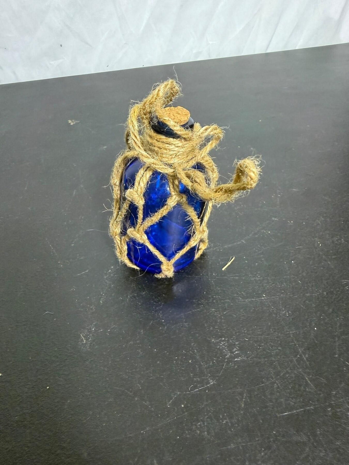 Cobalt Blue Glass Bottle with Jute Rope Netting & Cork Stopper - Wormhole Thrift