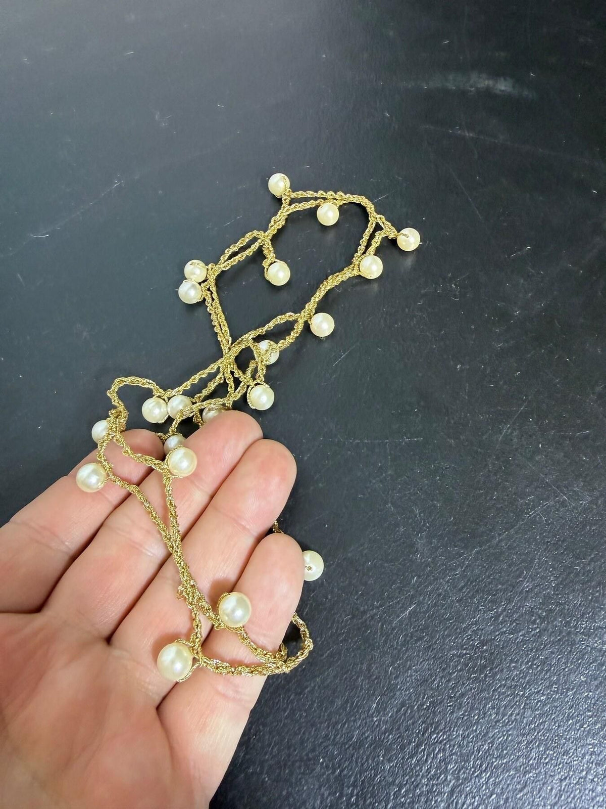 Retro Style Gold Tone Faux Pearl Twisted Chain Necklace 24" - Wormhole Thrift