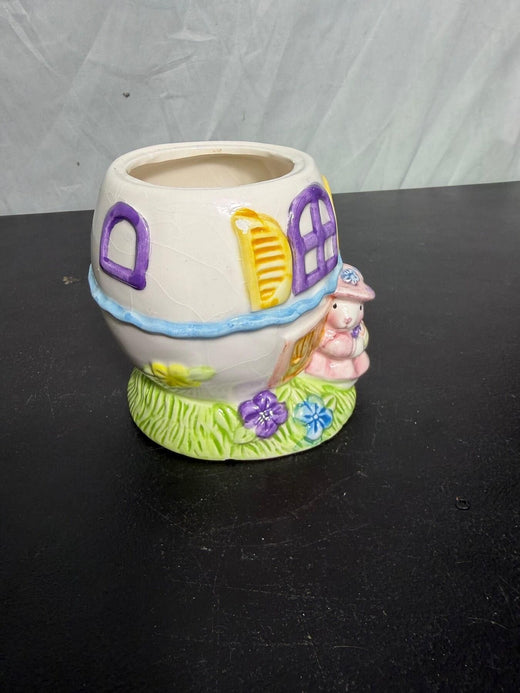 Vintage Ceramic Easter Egg House Bunny Planter Decor - Wormhole Thrift