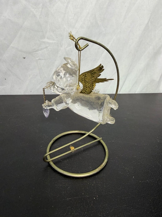 Clear Angel Figurine with Brass Tone Wings & Heart on Metal Stand - Wormhole Thrift