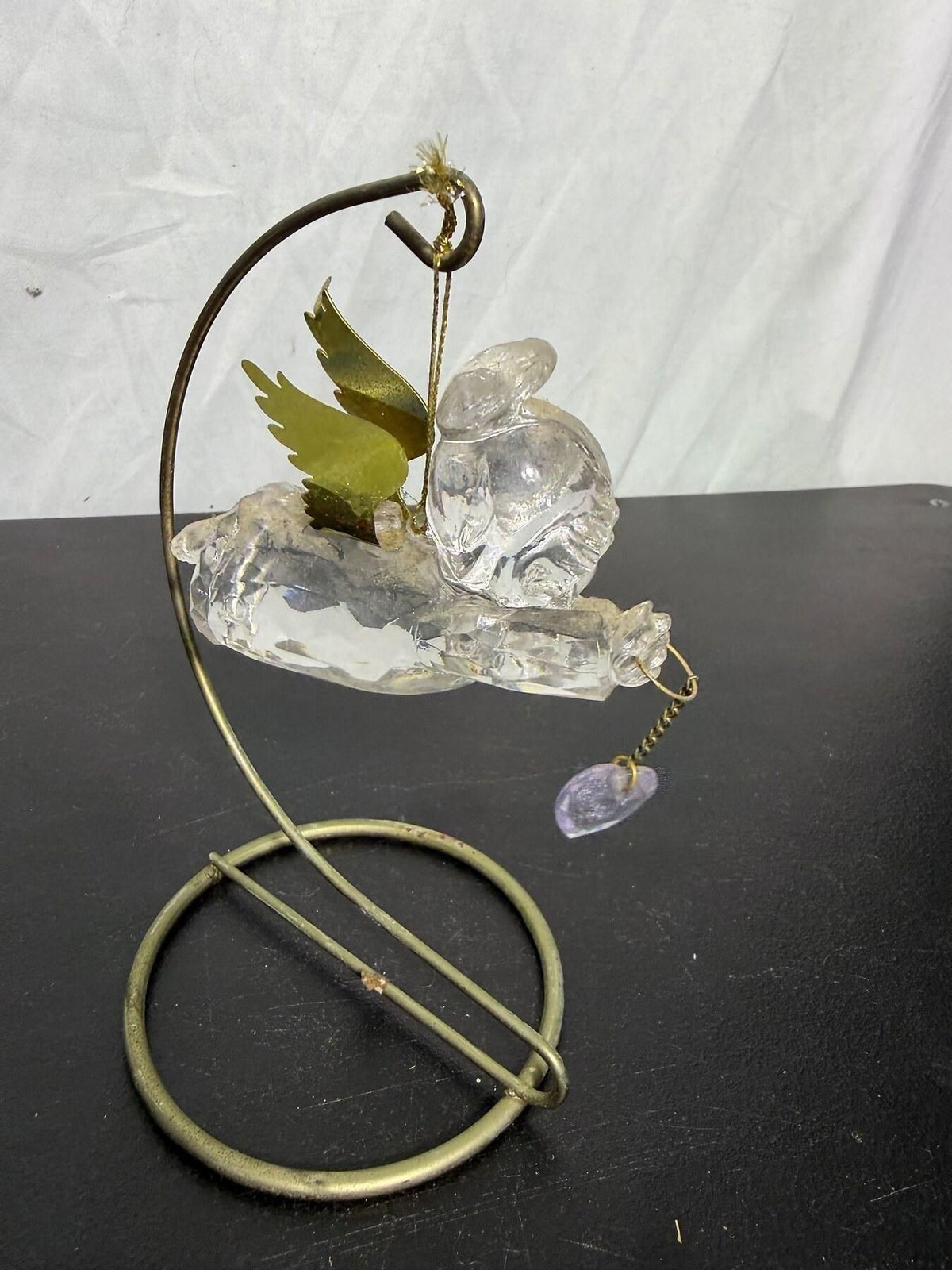 Clear Angel Figurine with Brass Tone Wings & Heart on Metal Stand - Wormhole Thrift