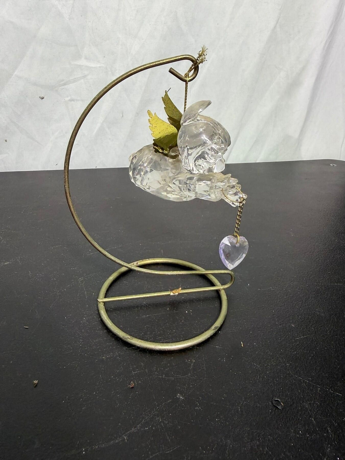 Clear Angel Figurine with Brass Tone Wings & Heart on Metal Stand - Wormhole Thrift