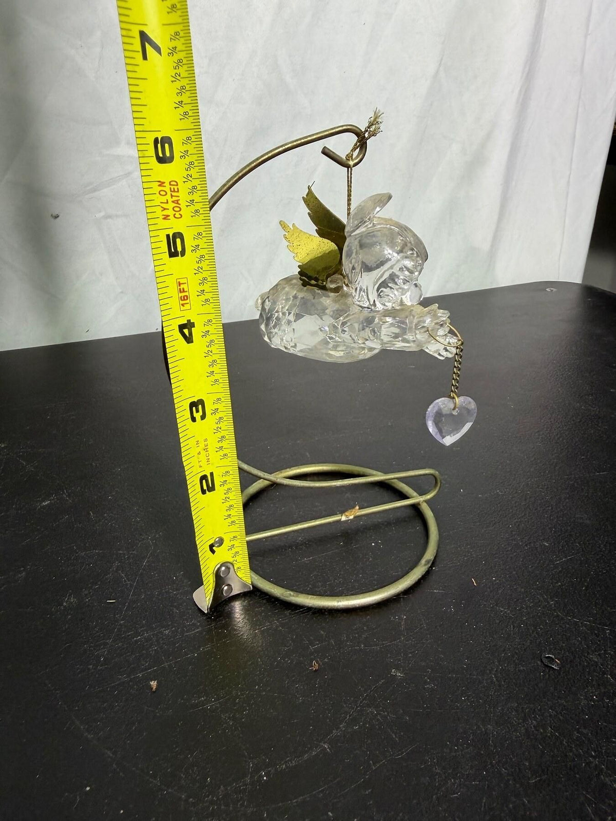Clear Angel Figurine with Brass Tone Wings & Heart on Metal Stand - Wormhole Thrift