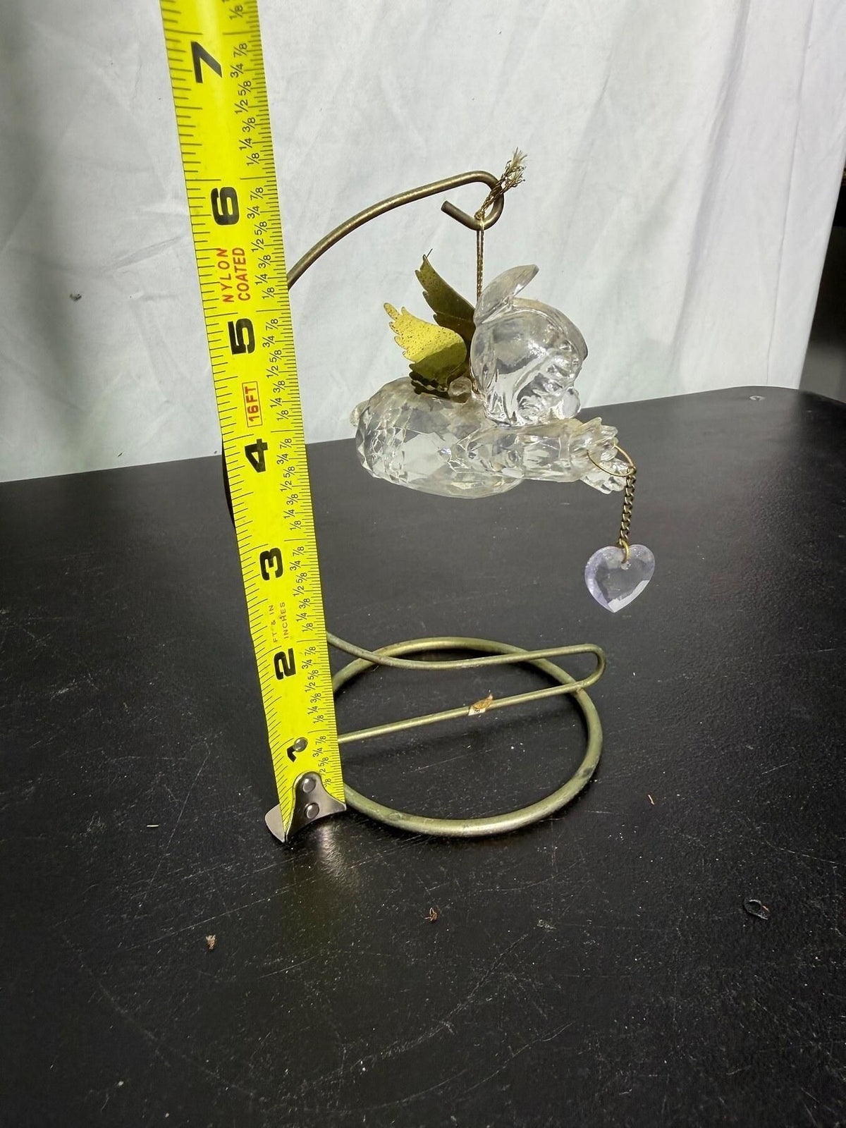 Clear Angel Figurine with Brass Tone Wings & Heart on Metal Stand - Wormhole Thrift