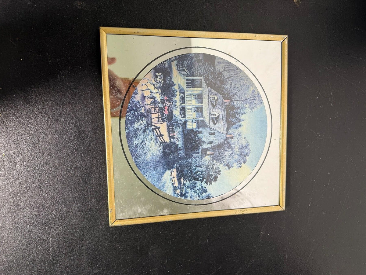 Vintage Framed Mirror Art Colonial House Carriage Scene 8x8 - Wormhole Thrift