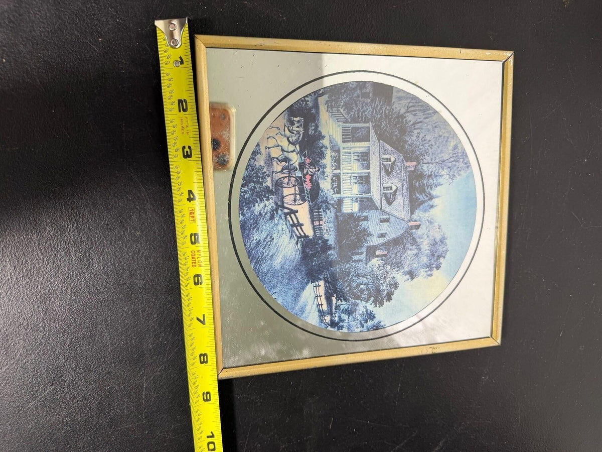 Vintage Framed Mirror Art Colonial House Carriage Scene 8x8 - Wormhole Thrift