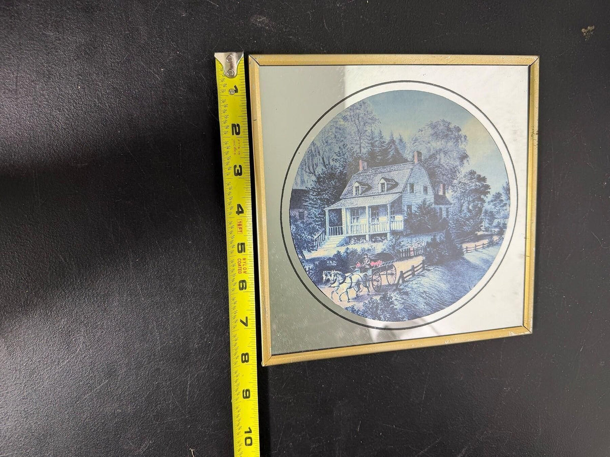 Vintage Framed Mirror Art Colonial House Carriage Scene 8x8 - Wormhole Thrift