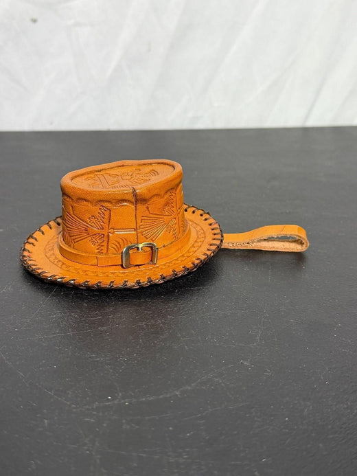 Vintage Tooled Leather Cowboy Hat Coin Purse Keychain Pouch - Wormhole Thrift
