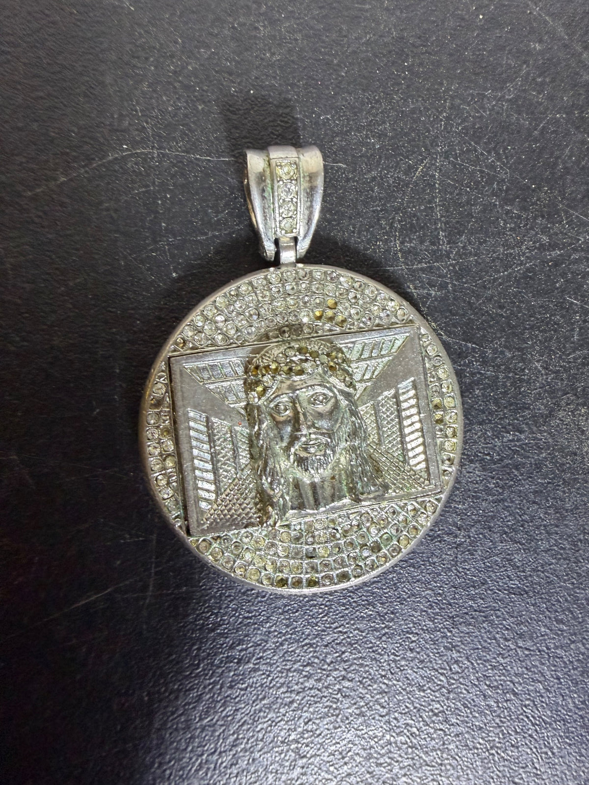 Large Silver Tone Jesus Head Iced Out Pendant Medallion - Wormhole Thrift