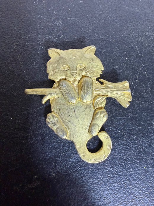 Gold Tone Cat on Branch Brooch Pin - Wormhole Thrift