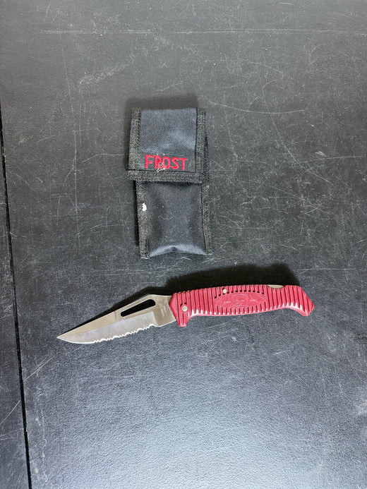 Frost Cutlery Red Handle Folding Knife with Partially Serrated Blade & Sheath - Wormhole Thrift